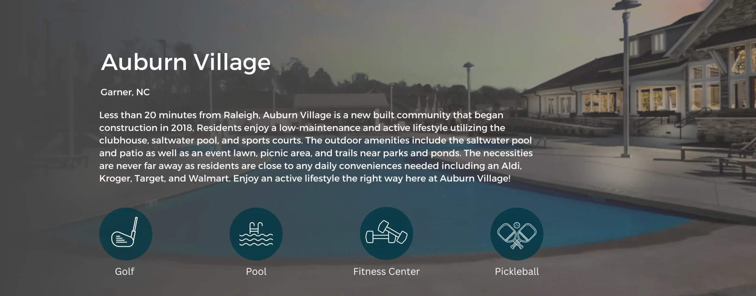 Icons that show Golf, Pool, Fitness Center, and Pickleball. Background image is an outdoor pool.