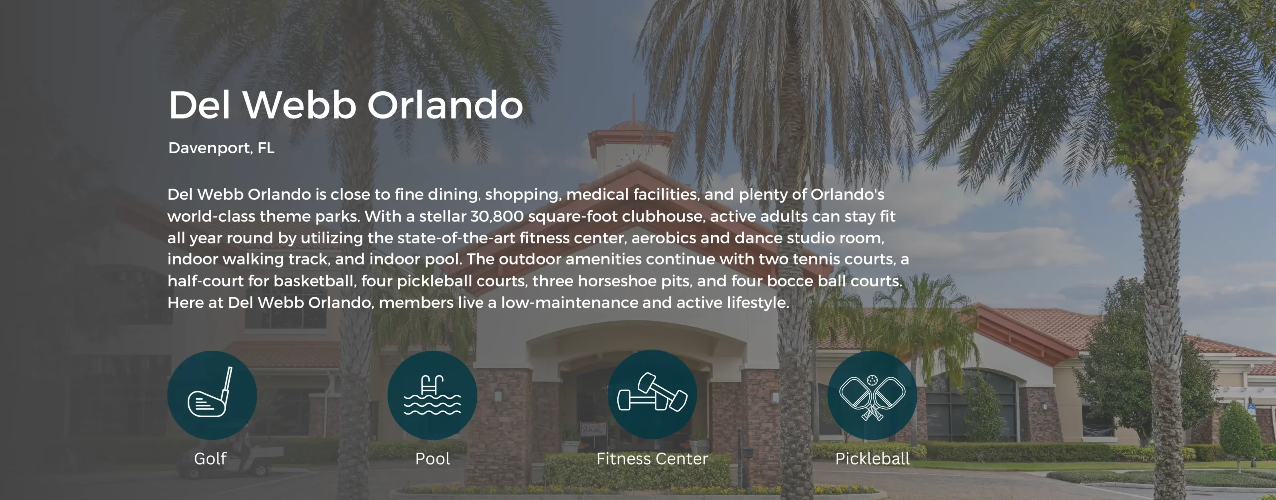 Icons that show Golf, Pool, Fitness Center, and Pickleball. Background image is a clubhouse.