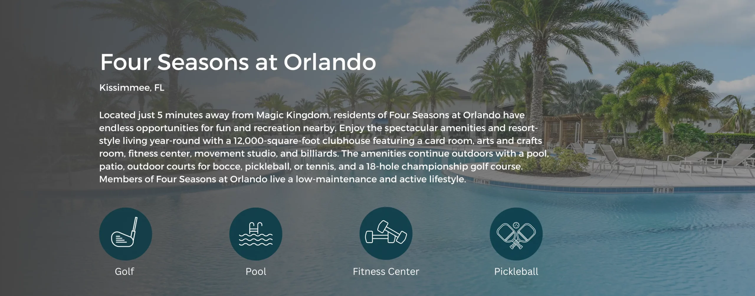 Icons that show Golf, Pool, Fitness Center, and Pickleball. Background image is an outdoor pool.