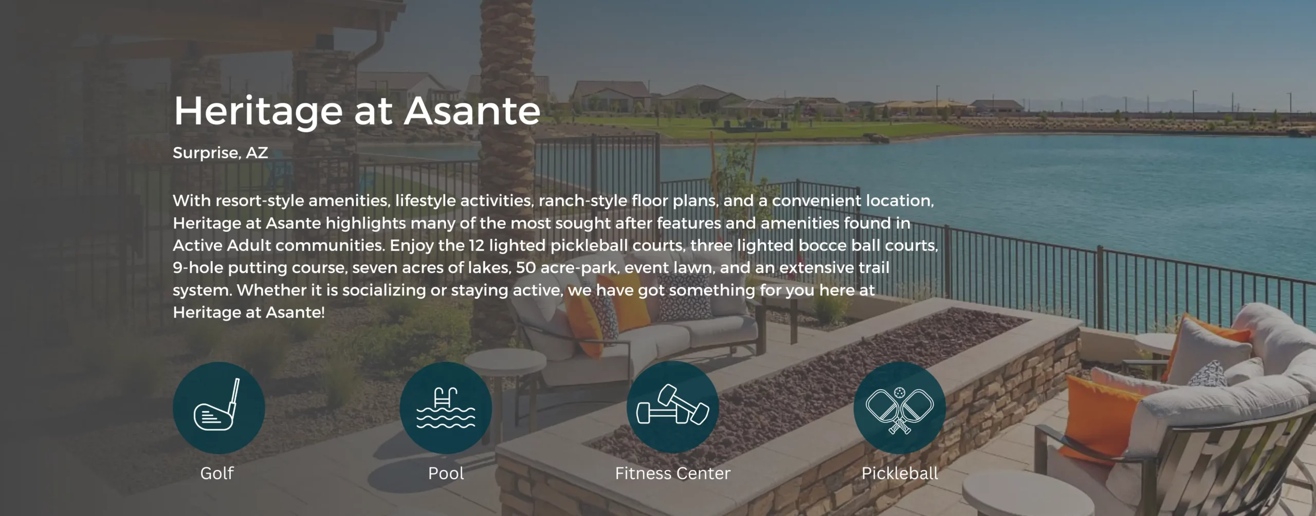 Icons that show Golf, Pool, Fitness Center, and Pickleball. Background image is an outdoor patio and firepit.