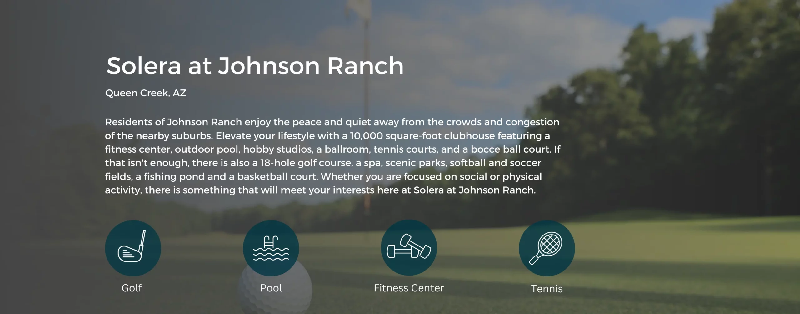 Icons showing Golf, Pool. Fitness Center, and Tennis. Background image is a golf course.