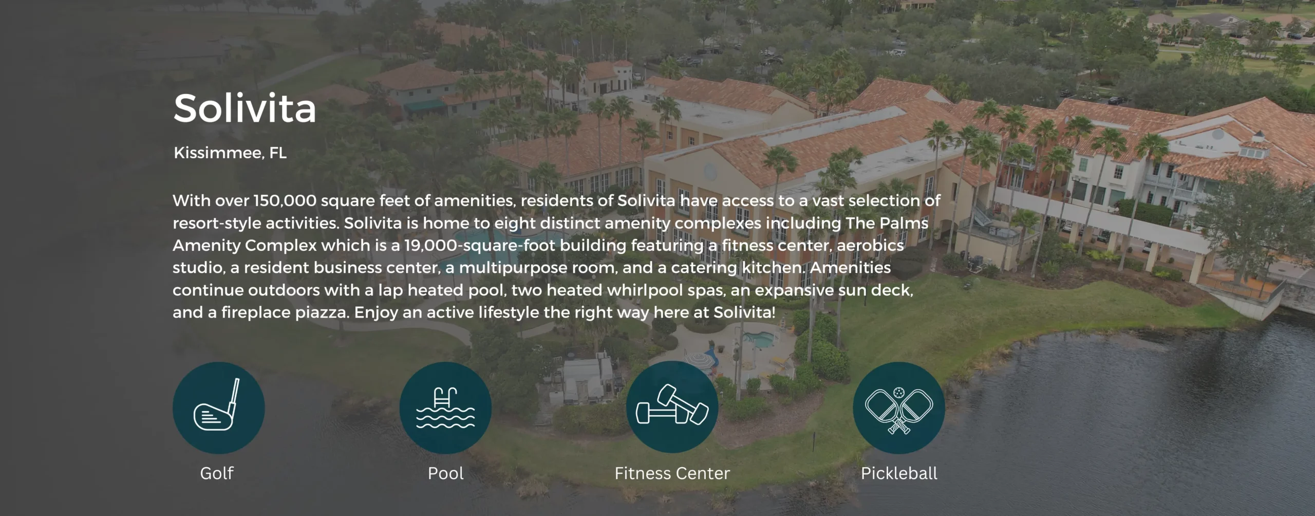 Icons that show Golf, Pool, Fitness Center, and Pickleball. Background image is an aerial view of a clubhouse and an outdoor pool.