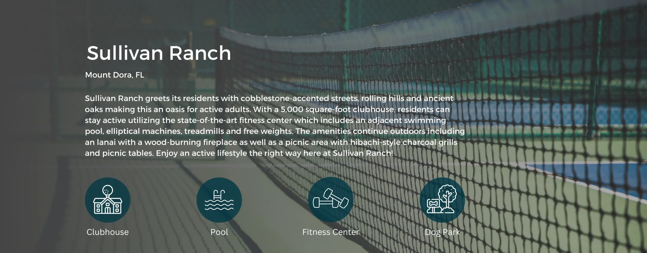 Icons showing Clubhouse, Pool. Fitness Center, and Dog Park. Background image is a tennis court.