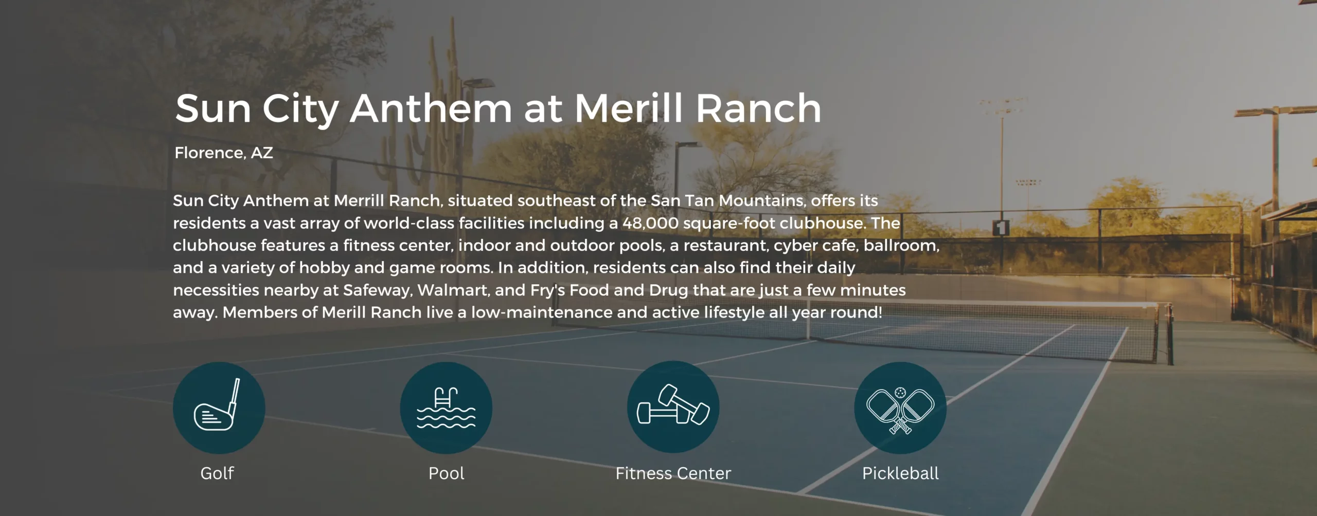 Icons that show Golf, Pool, Fitness Center, and Pickleball. Background image is a tennis court.