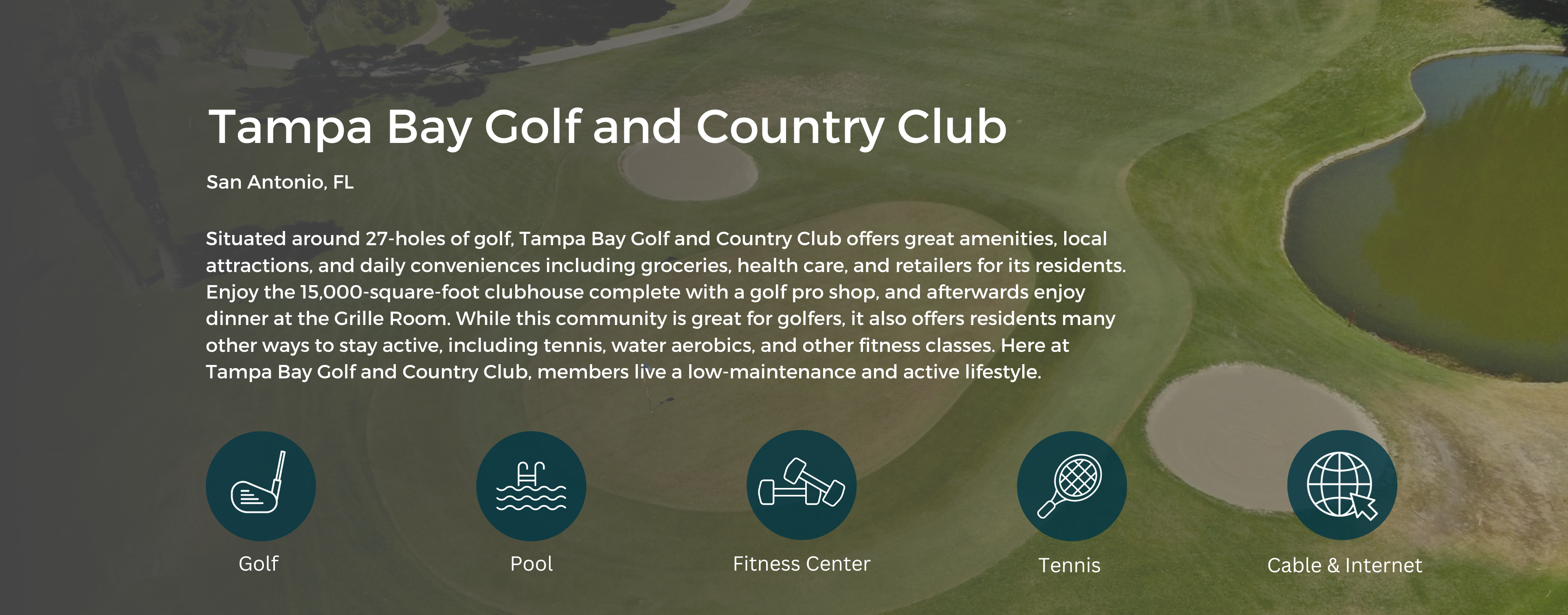 Icons showing Golf, Pool. Fitness Center, Tennis, and Wifi. Background image is a golf course.