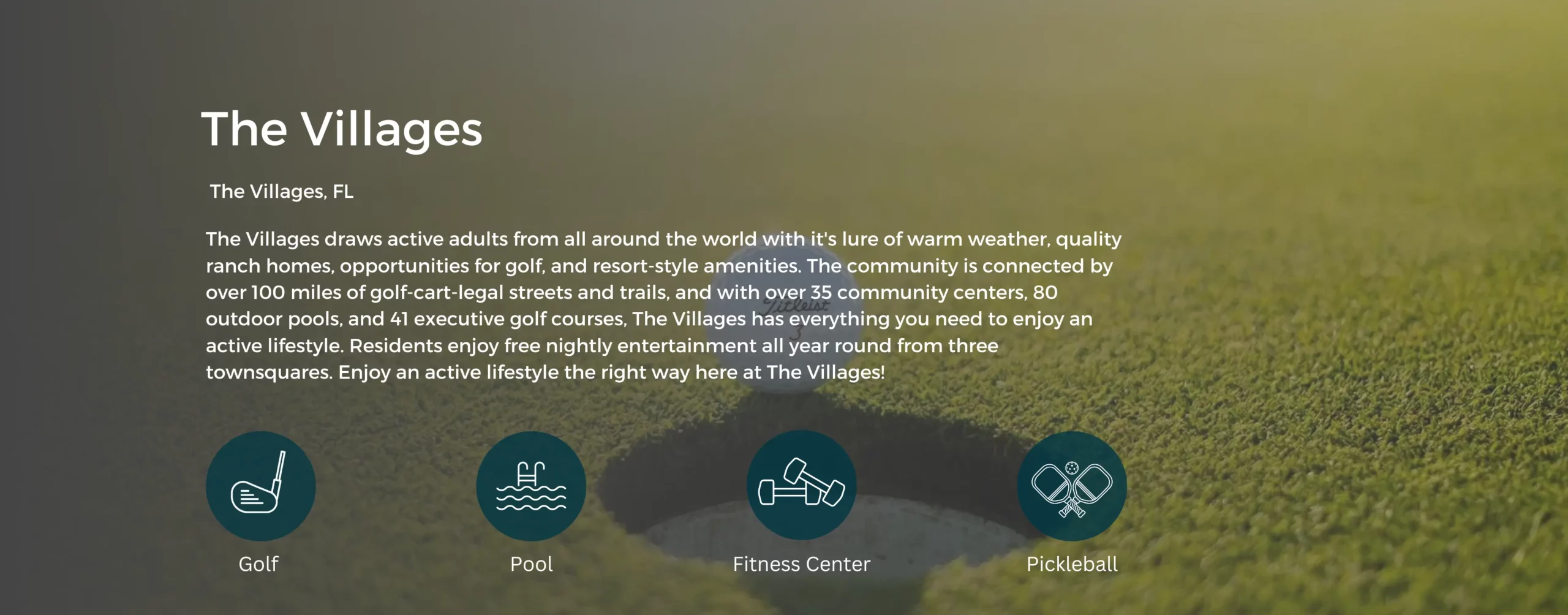 Icons that show Golf, Pool, Fitness Center, and Pickleball. Background image is a golf ball on a golf course.