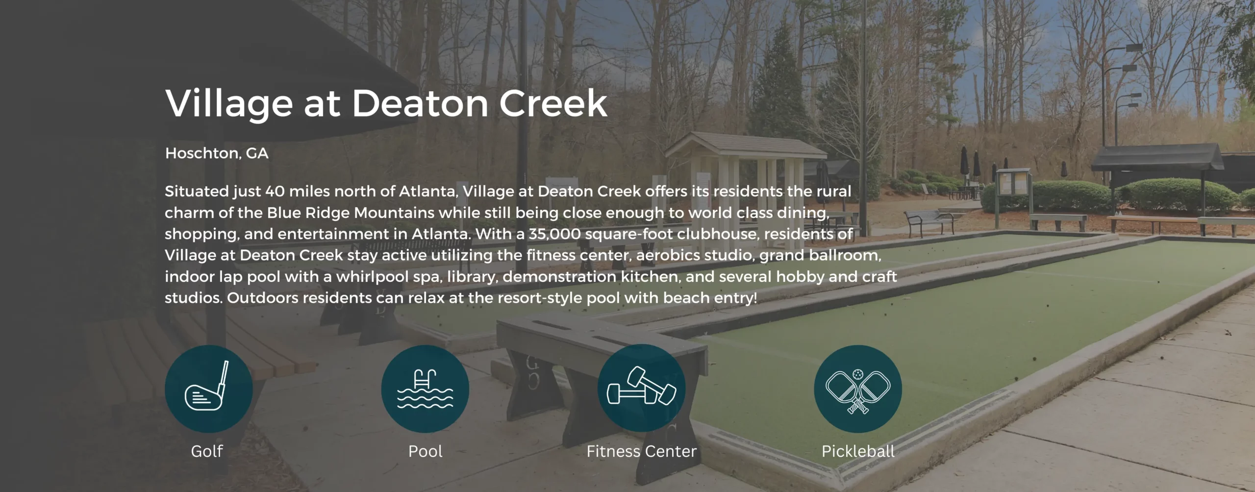 Icons that show Golf, Pool, Fitness Center, and Pickleball. Background image is a bocce ball court.
